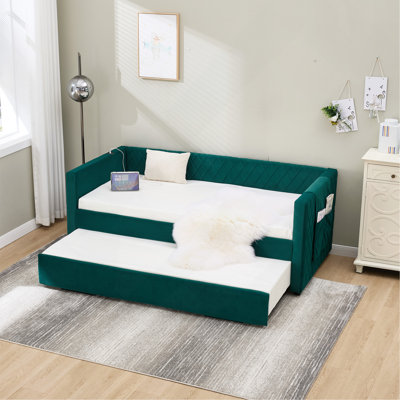 Lit de jour en velours émeraude, structure de lit en bois robuste, conception coulissante en losange moderne, pour les meubles de chambre à coucher et de salon