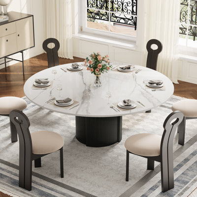 Round 59.06'' Modern Round Dining Table, Glossy Sintered Stone Tabletop for 6-8, Steel legs kitchen Tables