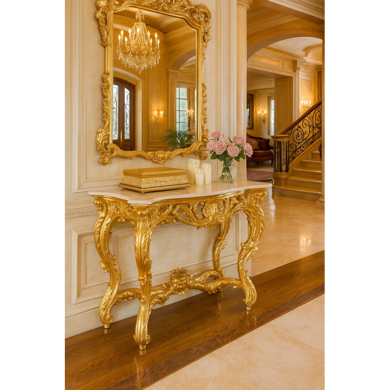 Aurora 60.63'' W Marble Console Table, Bright Gold, White