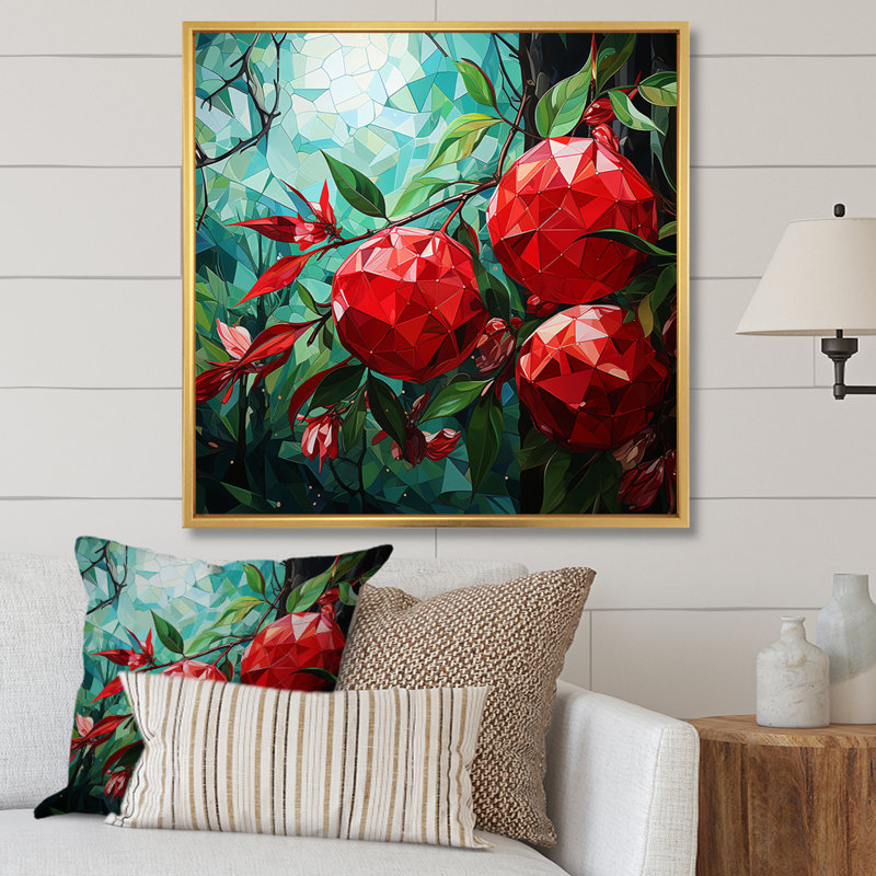 Summer Cherries Cubic Design I - Art mural cerise, White Picture Framed, 30" H x 30" W