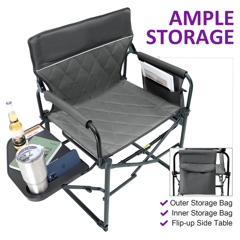 Camping Directors Chair With Side Table And Pocket, Portable Folding Chairs With Compact Size, Gray