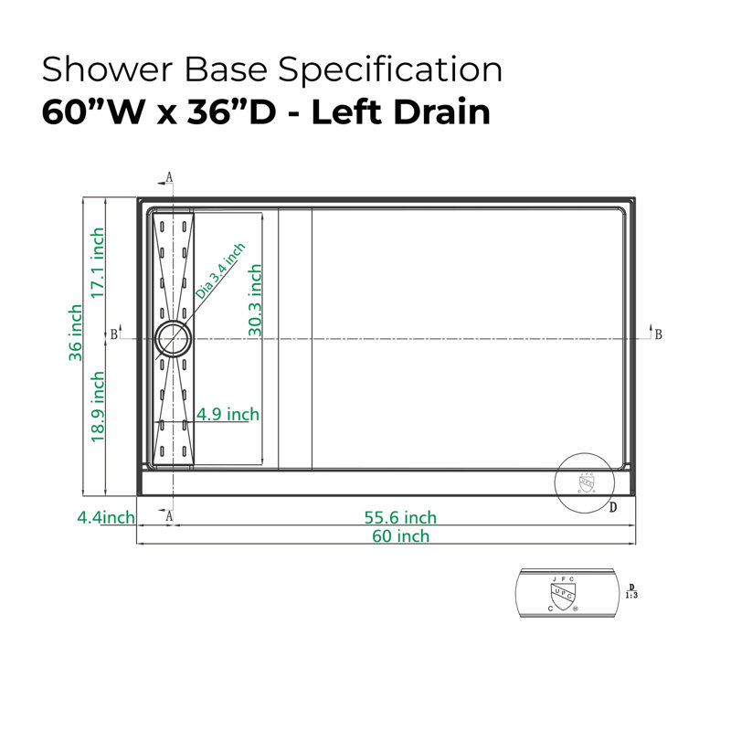36 In. L X 60 In. W Alcove Shower Pan Base With Left Hand Drain, Front