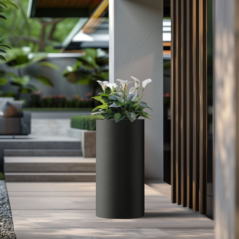 Large Concrete Round Planter / Pot With Drainage Holes, 27.76" H x 14.17" W x 14.17" D, Charcoal Black