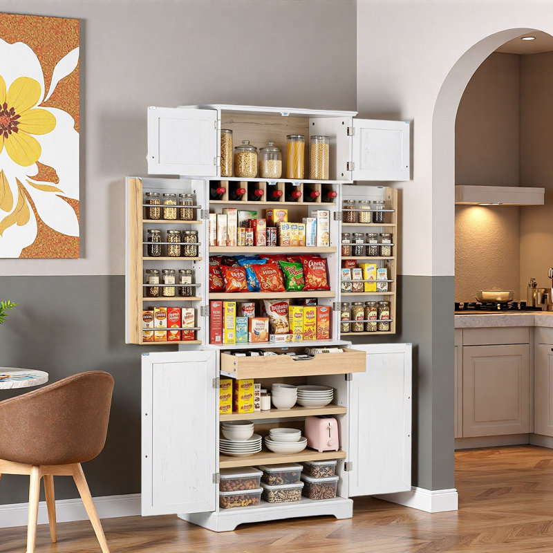 Grand garde-manger de style campagnard avec 8 tablettes de porte, tablettes réglables, tiroir caché et porte-bouteilles