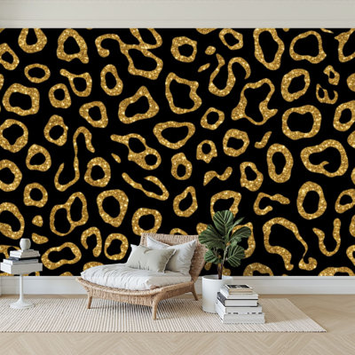 Wall Mural Peel and Stick Wallpaper fashion seamless gold glitter leopard fur Sparkle animal skin print Self-Adhesive Removable Contact Paper Wall Decor for Living Room Bedroom 100"H x 144"W