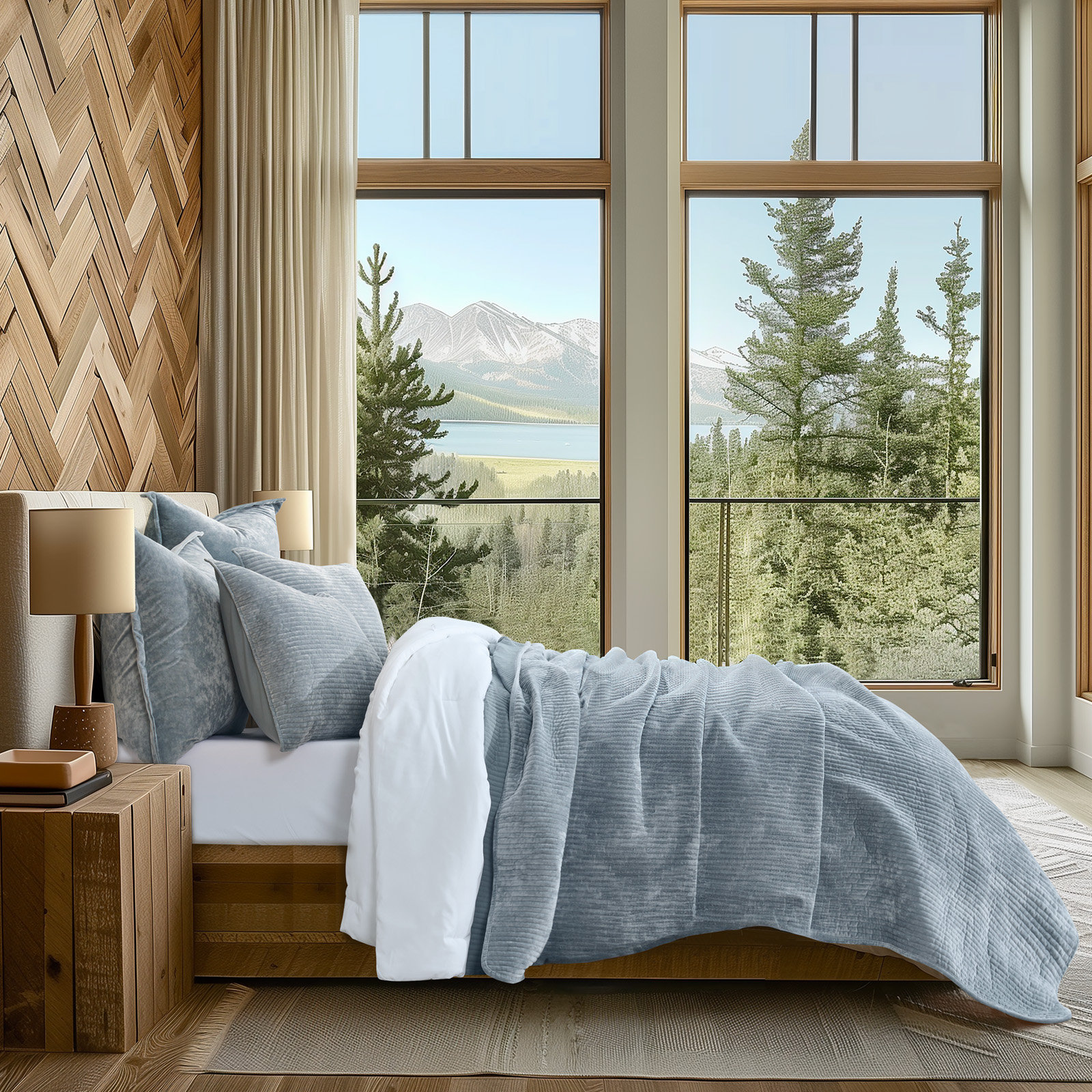 Velvet Quilt Set, Blue Linen, King