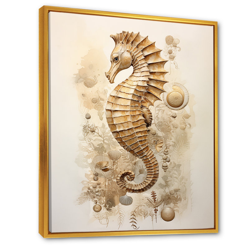 Hippocampe magique beige III sur toile, Cadre flottant doré, H 44 po x l 34 po x P 1,5 po