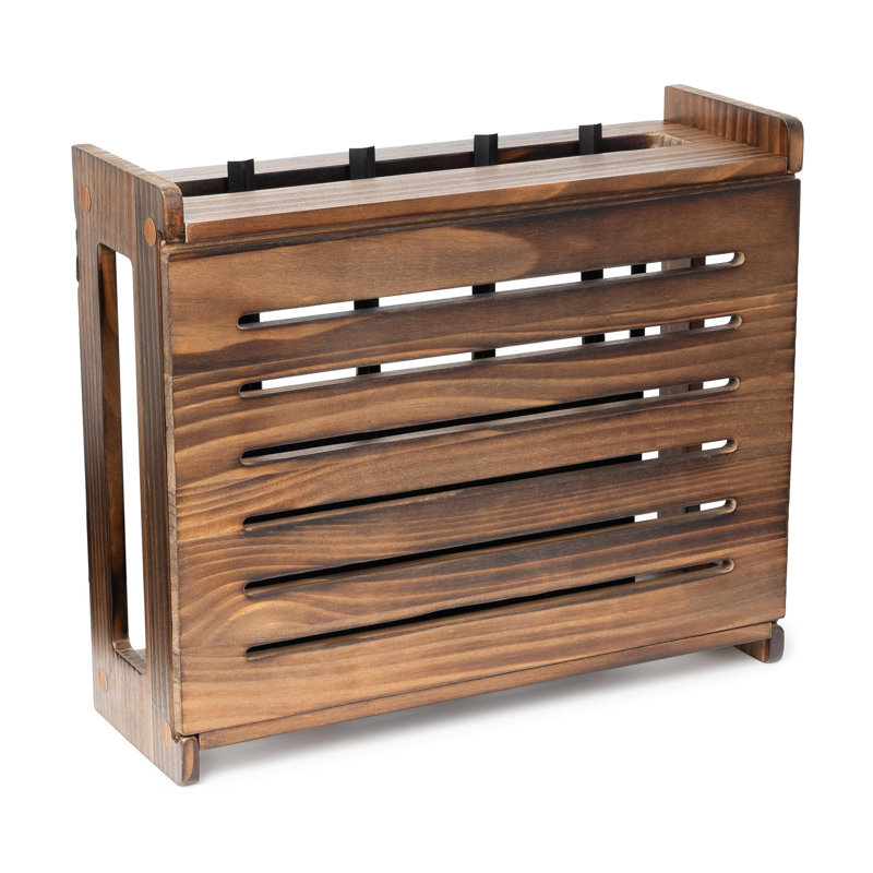 Wall Mount Router Storage Box with Cable Management, Dark Oak Cover for Modem Up To 11, Tan