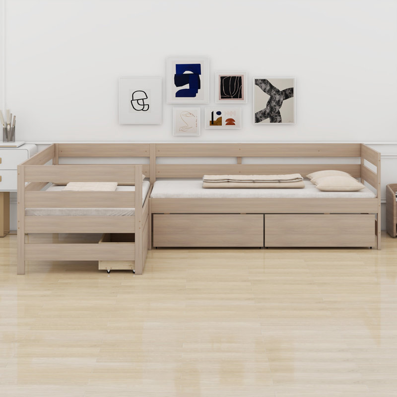 Lit plateforme en L avec tiroirs de rangement, Naturel