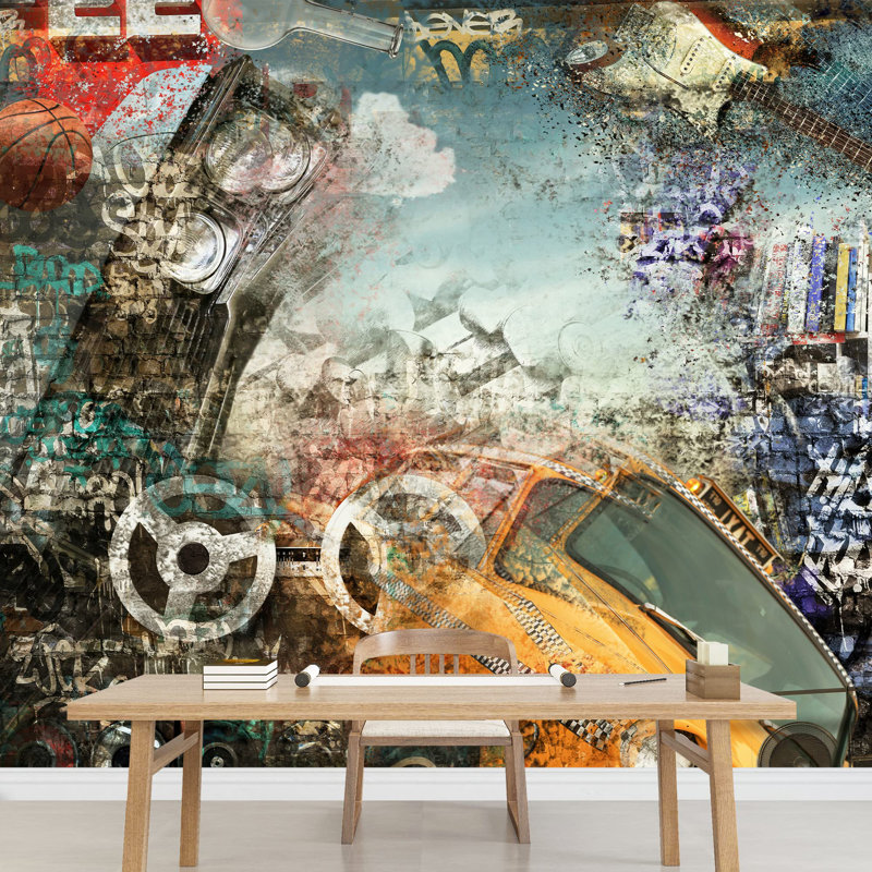 Grand papier peint moderne adhésif de style moderne HipHop and Grunge, L 66 po x l 96 po