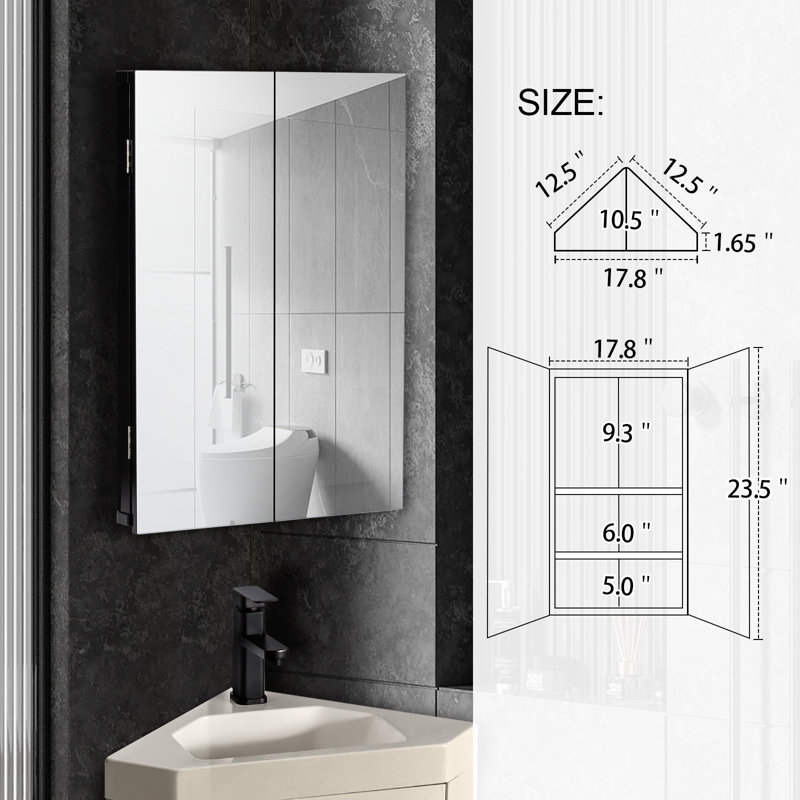 Eastbrook Corner Mount Framed 2 Door Medicine Cabinet with Mirror, Black