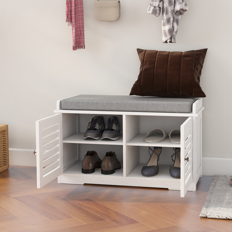 Shoe Storage Bench With Padded Seat Cushion, Entryway Bench With 2 Barn Doors-White, White, Light Gray