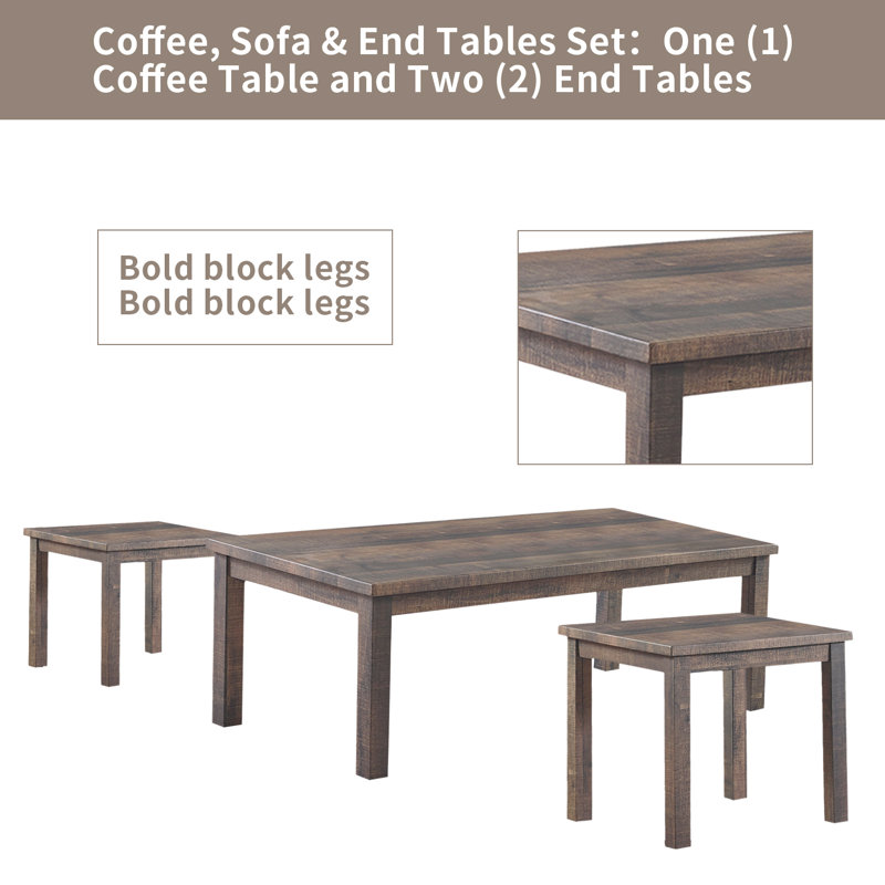 3PC Modern and Minimal Coffee & End Table Set, Rustic Natural