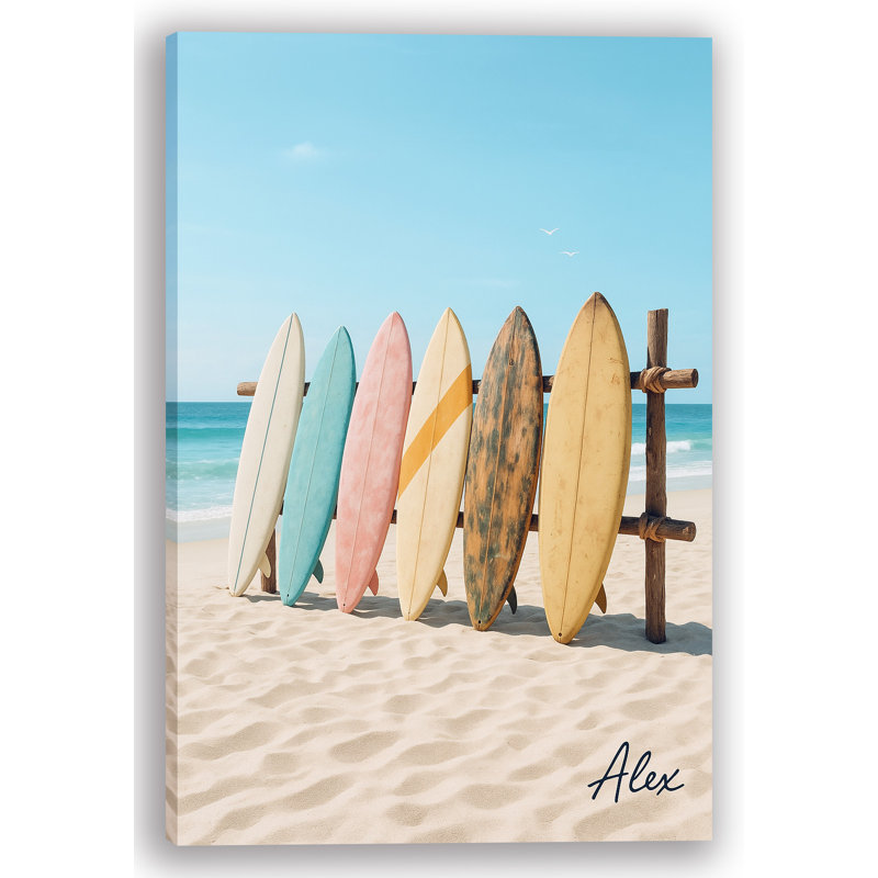 Planche de surf rétro sur la plage - art mural toile côtière, H 24 po x l 16 po