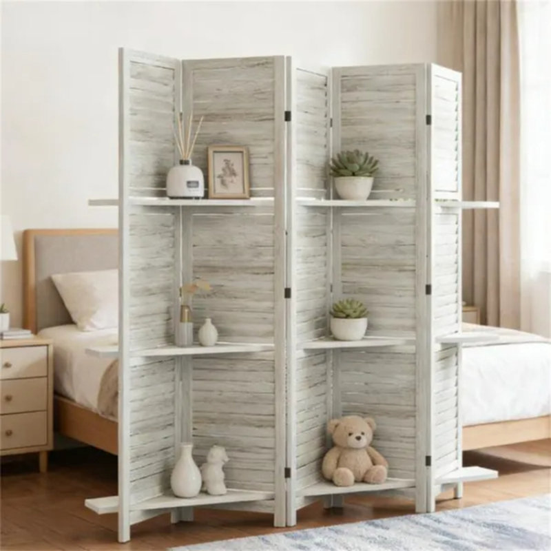 Paravent en bois de paulownia blanc patiné 78,75 × 67 × 0,75 pouces, pliable avec tablettes de rangement pour le salon de la chambre à coucher