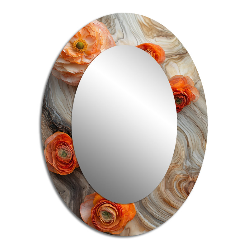 Été, œillets, fleurs sur la glissade en bois I - miroir mural ovale traditionnel orange, 40 po x 30 po