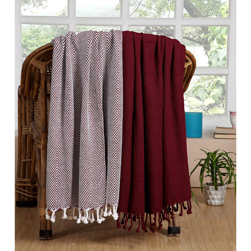  Jeté luxueux 100% coton, Bourgogne, Chevrons
