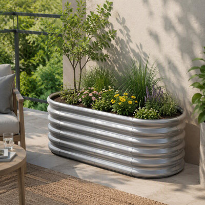 4 x 2 x 2 ft Oval Raised Garden Bed, Galvanized Metal Planter Box with Open Bottom Design for Outdoor Vegetables, Flowers, and Succulents