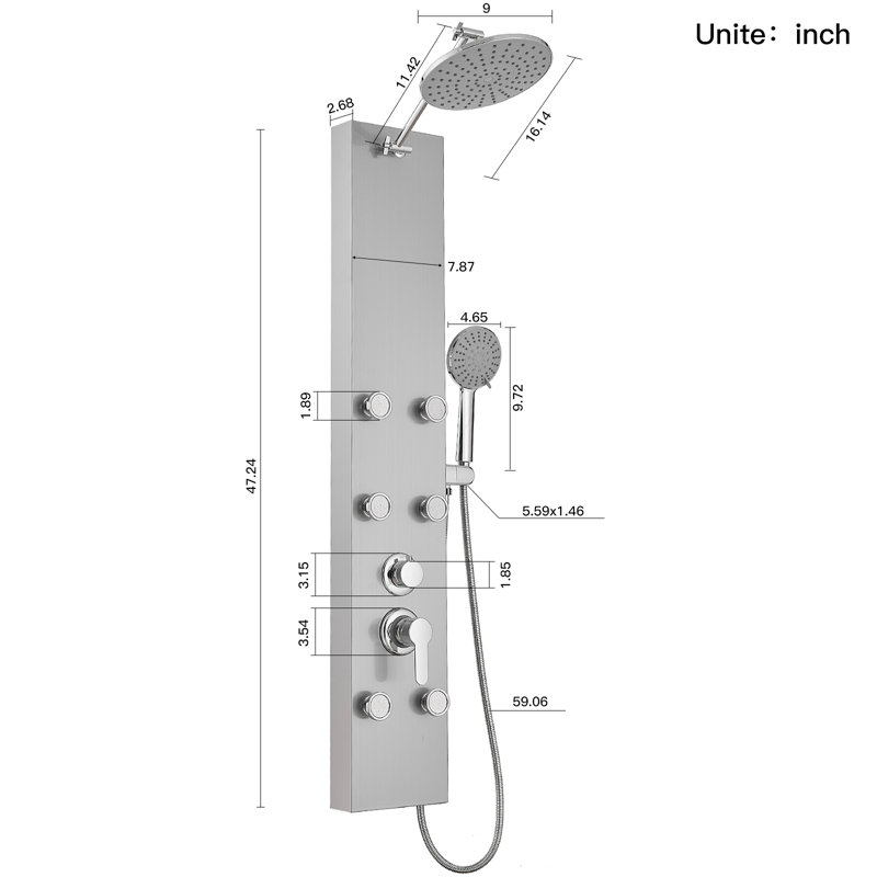 47.24 inch' 6-Jet Rainfall Shower Tower Shower Panel System with Rainfall Waterfall Shower Head and Shower Wand in Chrome Nickel