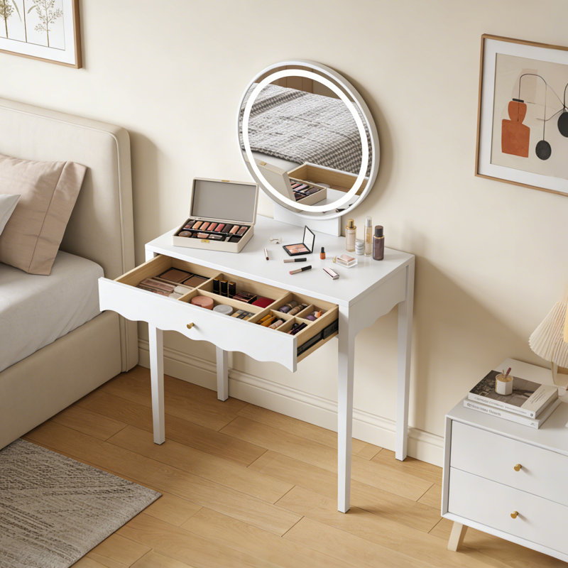 35.43" Modern Writing Table With Unique Scalloped Design, Vanity Desk With Drawer, Gold Knob & 4 Sturdy Legs For Small Spaces
