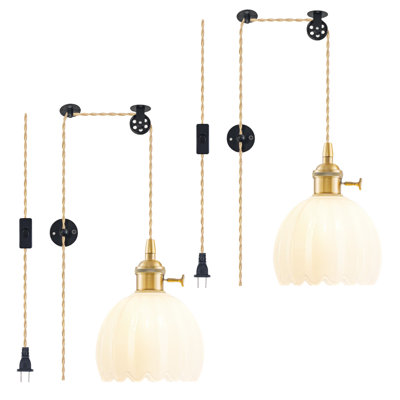 Plug in Vintage Pendant Light with Flower Glass 2 Pack