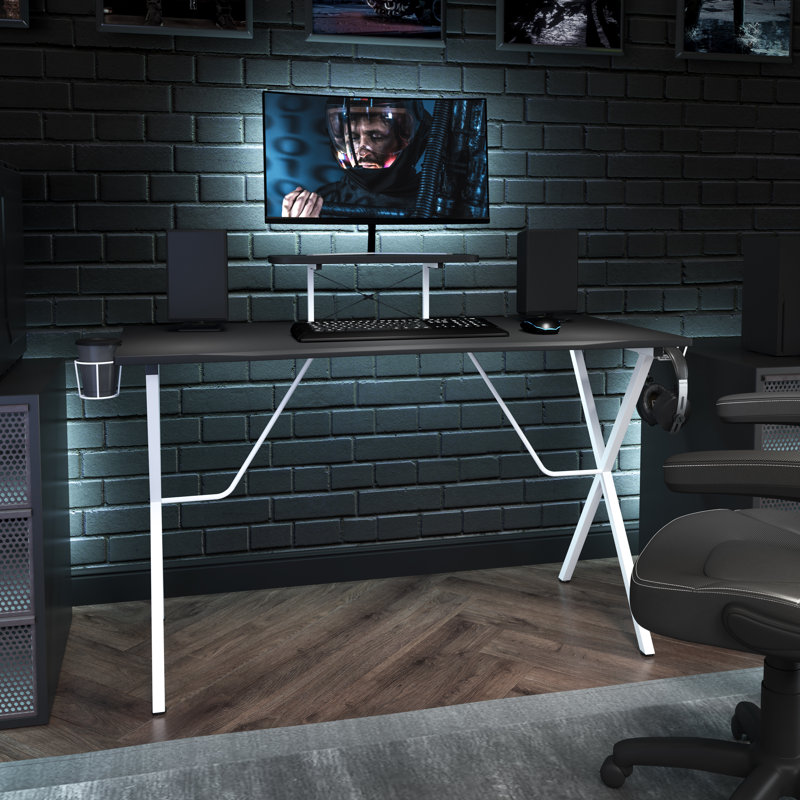Gaming Desk with Cup Holder, Headphone Hook, and Monitor/Smartphone Stand, Black/White