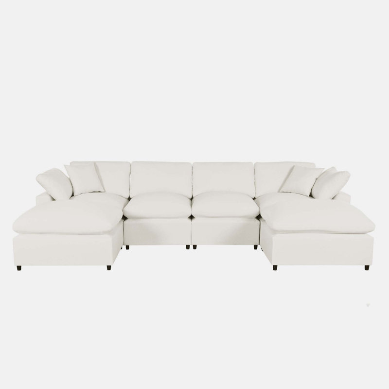 Aerolynn 104.5" Modern Technical Leather Sectional Sofa With Convertible And Ottoman, Beige Polyester