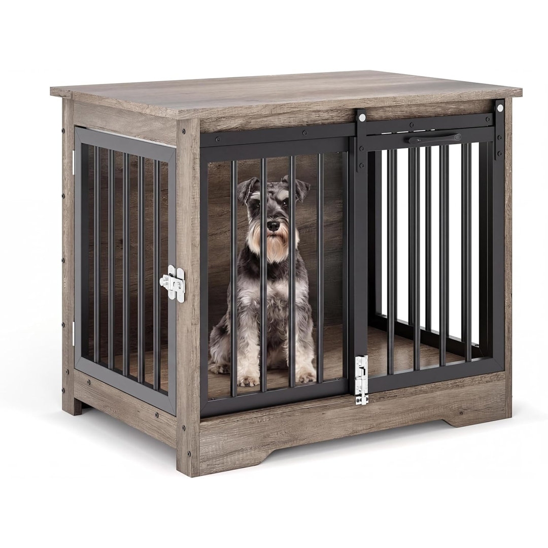 81cm Dog Crate Furniture, Wooden Kennel End Table with Barn Doors & Tray