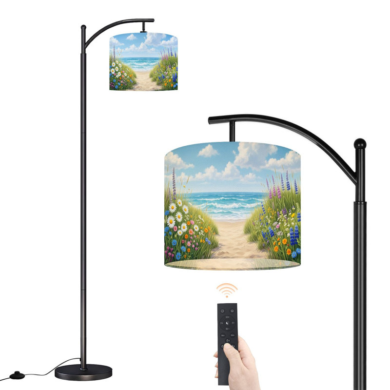 Arc Floor Lamp with Adjustable Lampshade Seaside Wildflower Ocean Blooming Coastal Garden Soft Marine Standing Lamp 3 Color Temperatures Dimmable Tall Pole Lamp with Foot Switch for Bedroom