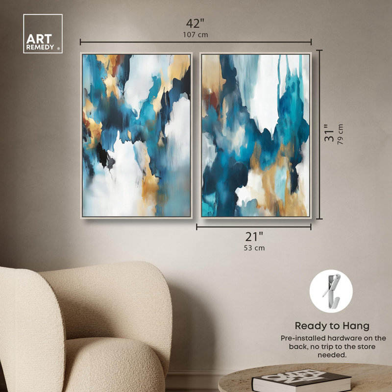 Teal Tempest Set Canvas Print Blue Abstract Wall Art Set by Art Remedy, Black Frame, 10 x 15, 31" H x 21" W, Silver Frame