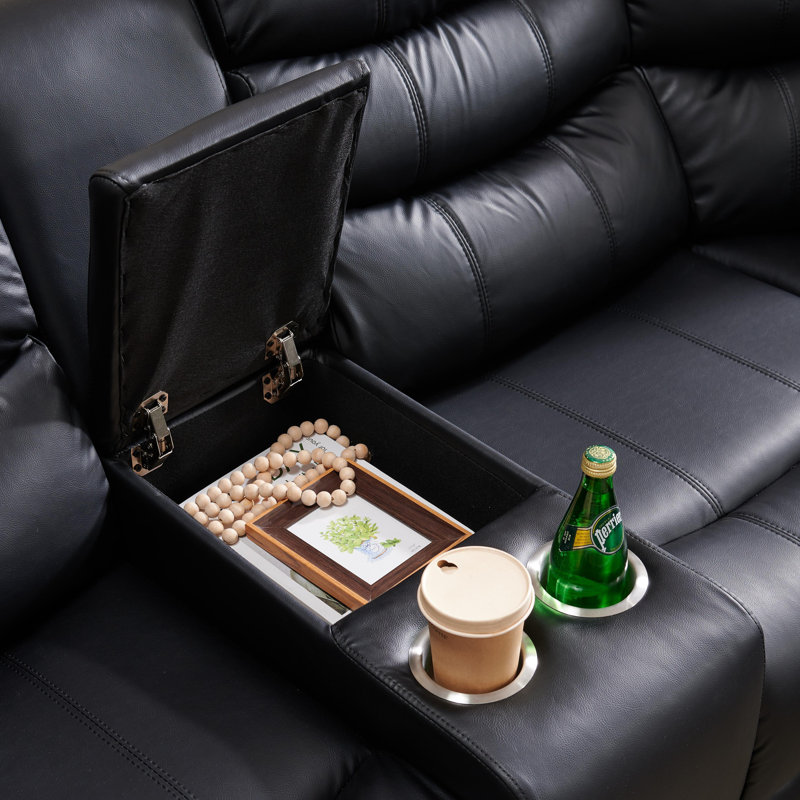 Lacreta Reclining L-Shaped Sectional Living Room Set with Storage Console & Cup Holders, Black Faux Leather