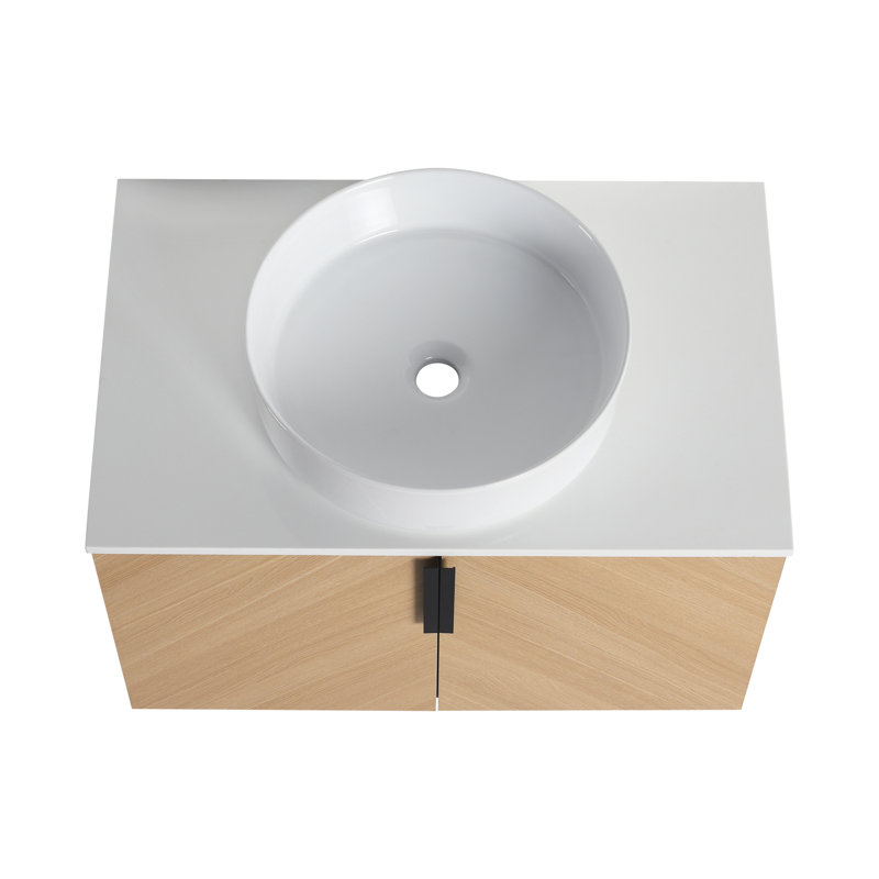 Meuble-lavabo mural écologique en contreplaqué pour salle de bain moderne avec lavabo en céramique