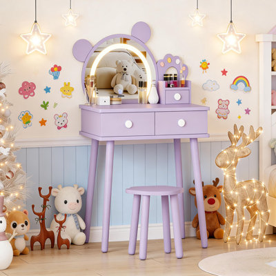 Wooden Kids Vanity Table with Lights, Storage Drawers and Stool for Girls