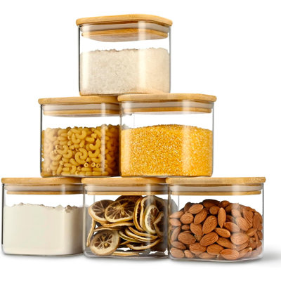 6-Piece 22oz Square Glass Storage Jars with Bamboo Lids, Airtight Kitchen Canisters with Waterproof Labels