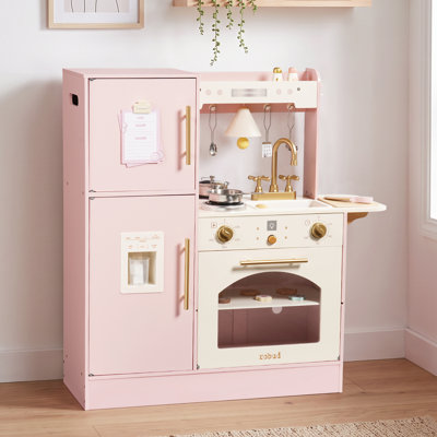 Cuisine de jeu en bois, ensemble de cuisine avec réfrigérateur, rose