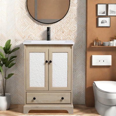 Meuble-lavabo compact en bois brun avec lavabo, décor de salle de bain moderne