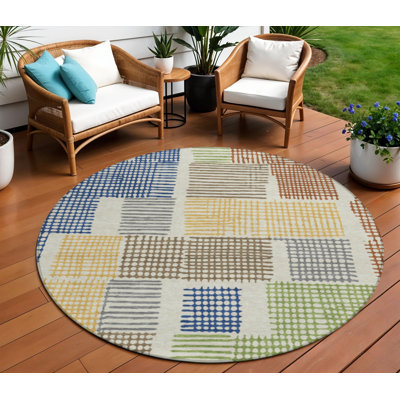 8' Beige Gold And Blue Round Geometric Washable Indoor Outdoor Area Rug