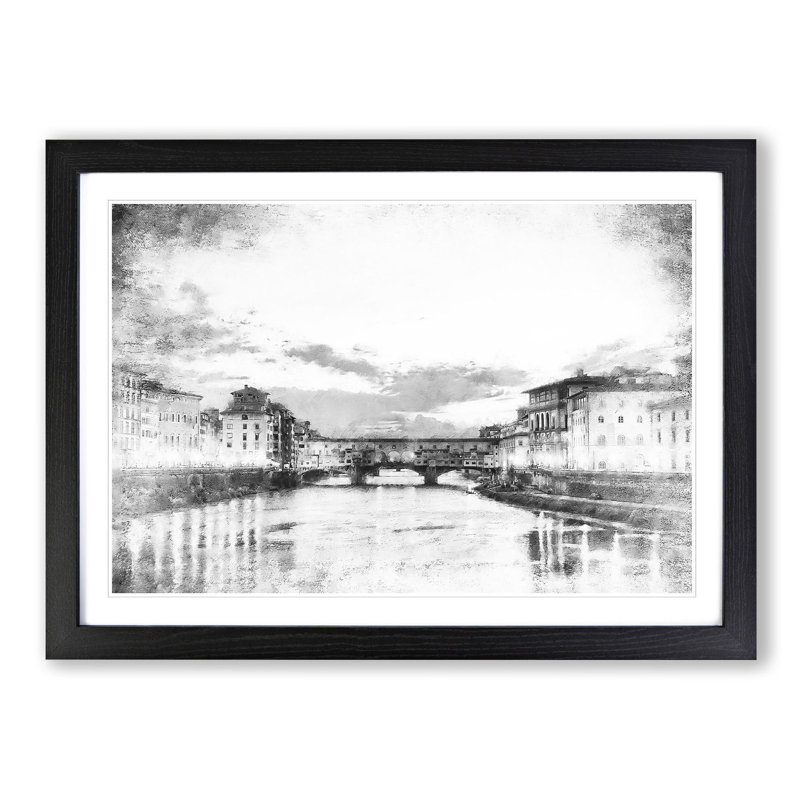 Ponte Vecchio Bridge In Florence Italy - Single Picture Frame Painting on MDF, 45cm H x 63cm W x 2cm D, Black Framed