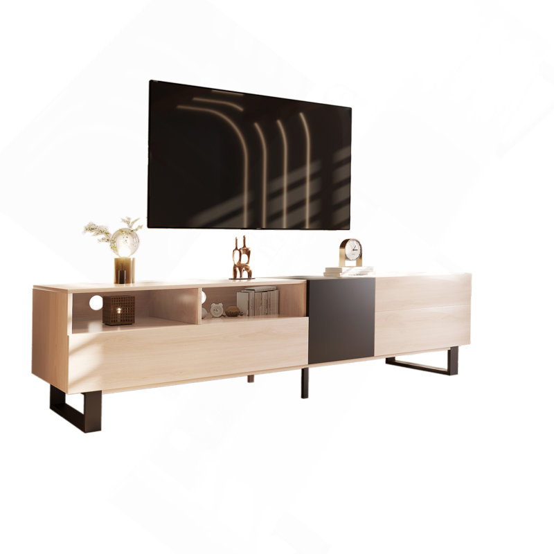 Modern Tv Stand For 80 Inch Tv With Double Storage Space & Drop Down Doors, Natural
