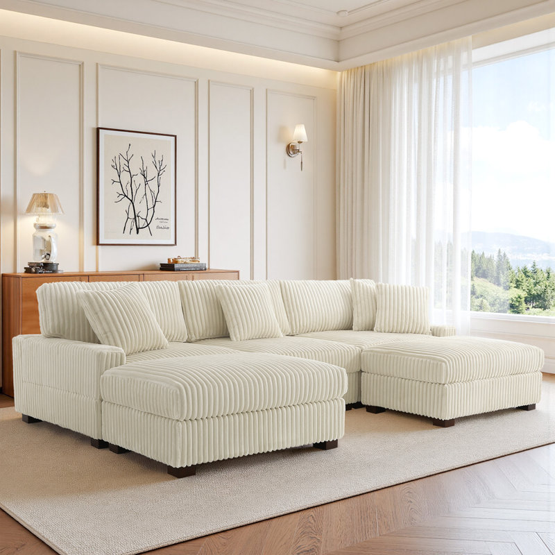5 Seater Sectional, White Polyester/Foam Padding