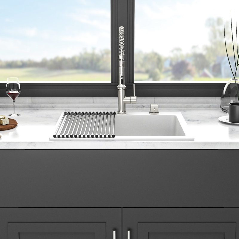 White Drop - In Quartz Kitchen Sink 25X22", High End Composite Quartz, Reduces Dirt Traps And Hiding Places, Comes With Bottom Grid Installation Accessories Composite, Traps,