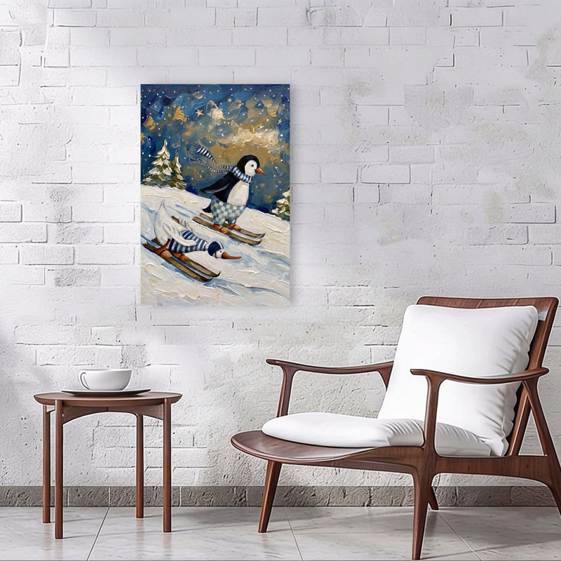 Whimsical Winter Skiing Animals Playful Whimsical Abstract Bird Duck Penguin Winter Landscape Wall Art Print 1 Piece Wrapped Canvas Wall Art