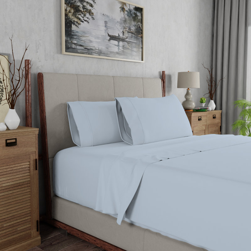 Ensemble de draps légers en mélange de coton brossé infroissable, Ensemble de draps pour lit double + un drap-housse, Bleu