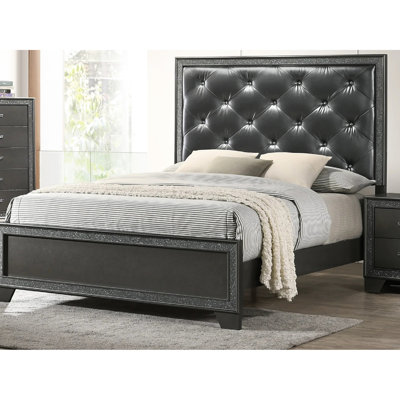 Grand lit avec revêtement, tête de lit haute, gris chatoyant foncé, lit de style contemporain d'invitation de chambre à coucher, revêtement pour