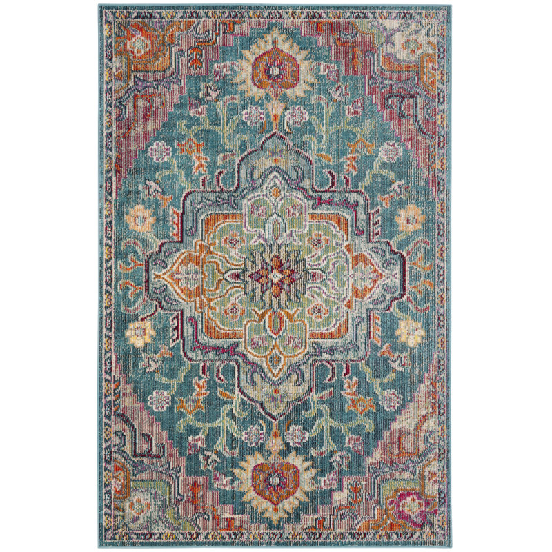 Tapis bleu sarcelle / rose / orange à motif oriental Gonzalez, Rectangulaire 3 pi x 5 pi