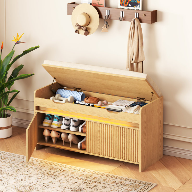 Banc à chaussures 39,4 po cannelé à dessus rabattable avec siège rembourré et lumière DEL, Natural Wood