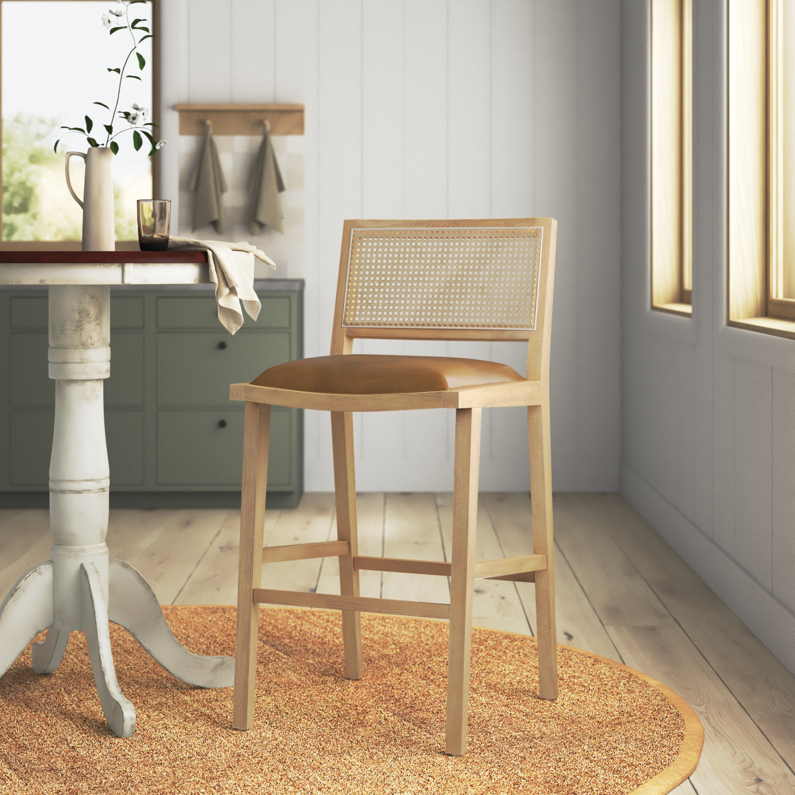 Miraz Cane Stool, Bar Stool (31” Seat Height), White Polyester Blend