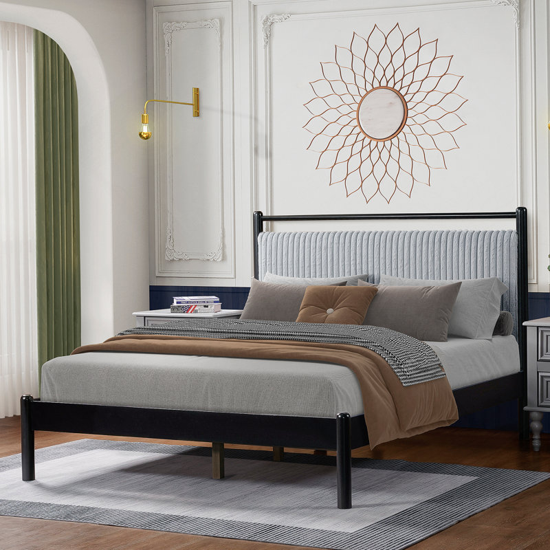 Structure de lit grand en bois avec tête de lit moelleuse, Grand