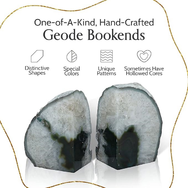 Serre-livres en agate - Un serre-livres en géode verte de qualité avec pare-chocs en caoutchouc pour les tablettes, le bureau, la décoration intérieure, la paire de serre-livres en pierre mignonne robuste pour la décoration (2 à 3 lb)