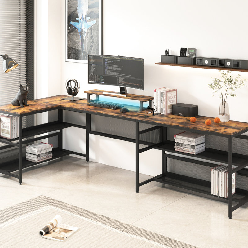 Bureau en U avec lumières à DEL et tablette de rangement, mobilier de bureau personnel, grand espace de bureau, rangement en métal pour prises de courant d'ordinateur, espace de travail essentiel et spacieux, matériaux